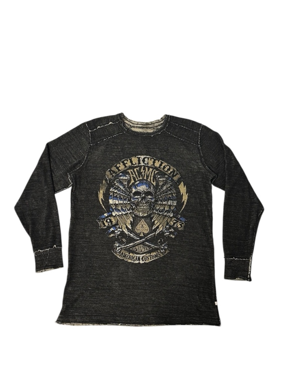 Affliction Reversible Thermal XL Skull Wings Graphic Long Sleeve Black Gray
